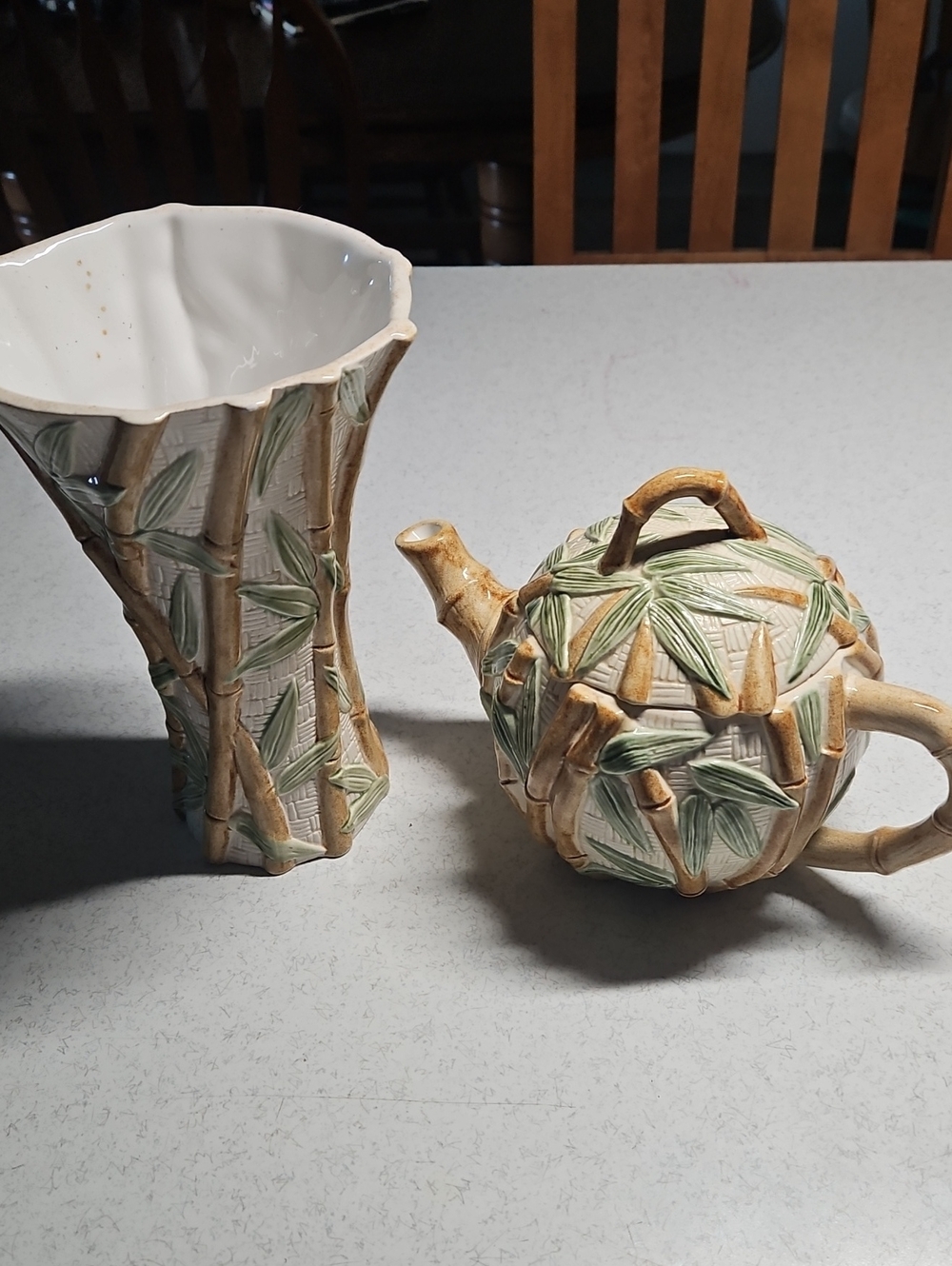 Bamboo Relief Ceramic Teapot and Vase Set - Green & Tan